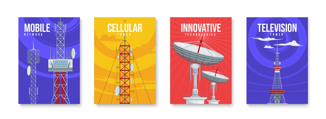 Communication towers set of four isolated vertical posters with editable text and cellular antennas with waves vector illustration
