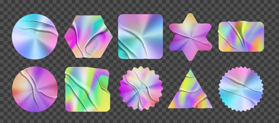 Realistic stickers hologram set with ten isolated badges colored with gradients of different color and shape vector illustration