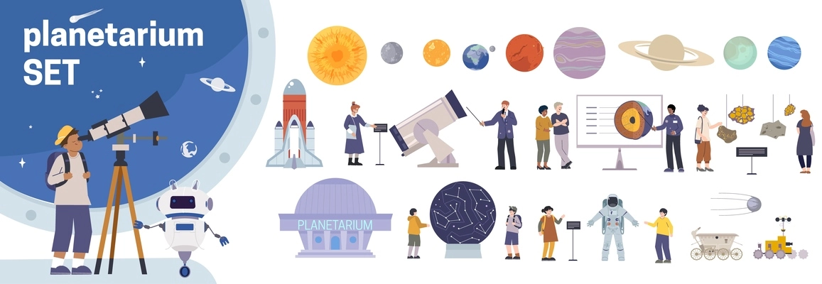 Planetarium flat set of isolated planet icons with human characters space suits telescopes rockets and text vector illustration