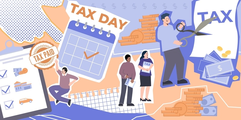 Tax people flat composition with collage of checkbox lists calendar receipts money human characters and text vector illustration