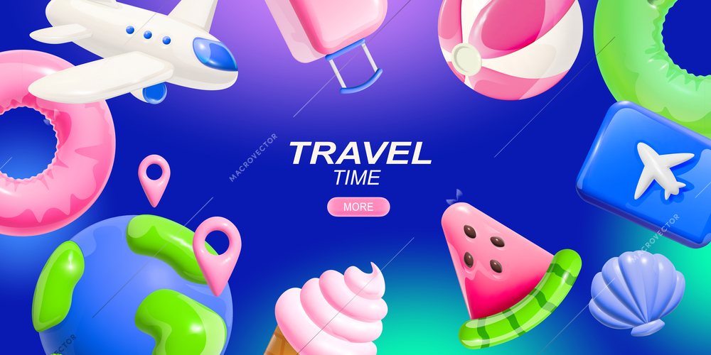 Travel time blue background with frame consisting of globe airplane tickets ice cream lifebuoy seashell volleyball ball cartoon icons vector illustration