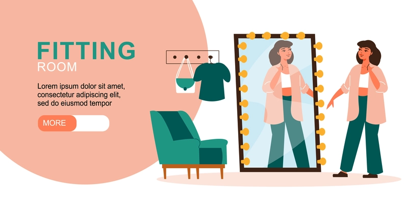 Fitting room horizontal banner with young woman trying on jacket in front of mirror flat vector illustration
