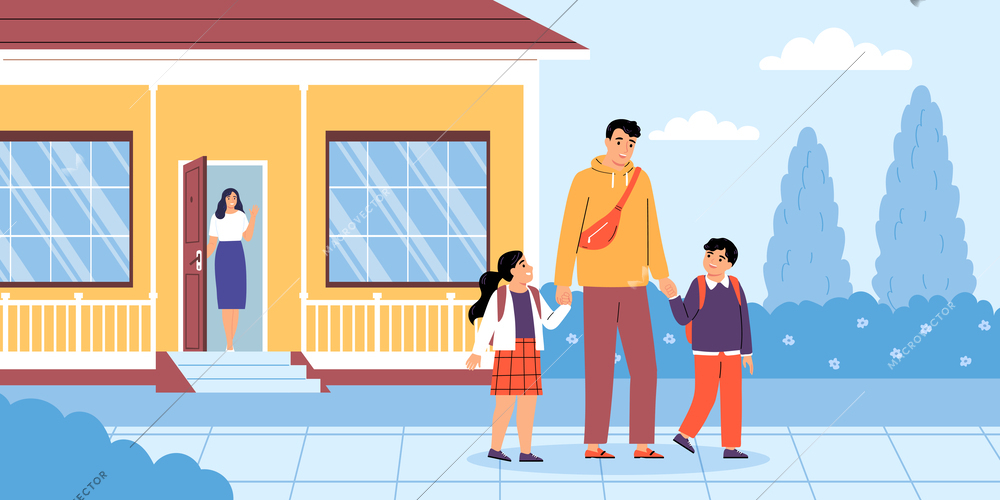 Two happy kids going to school together with their dad with mum waving goodbye to them in background flat vector illustration