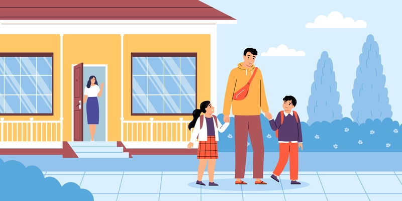 Two happy kids going to school together with their dad with mum waving goodbye to them in background flat vector illustration