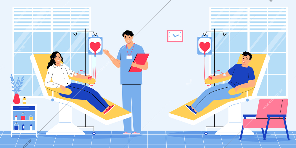 Charity flat composition with two smiling donors donating blood at hospital vector illustration