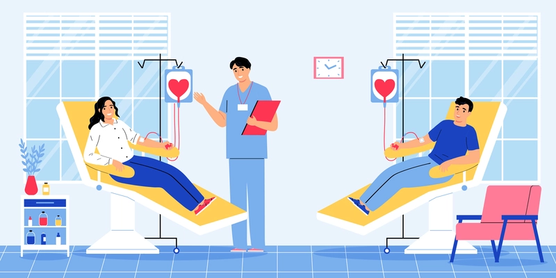 Charity flat composition with two smiling donors donating blood at hospital vector illustration