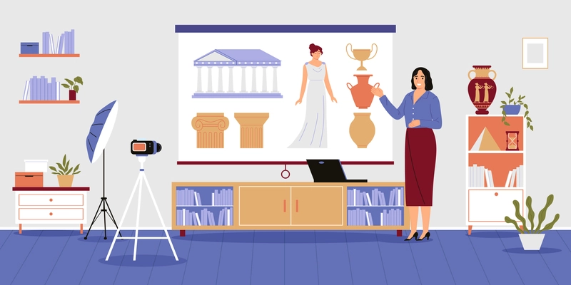 Flat school female teacher recording history lesson on camera for educational platform vector illustration
