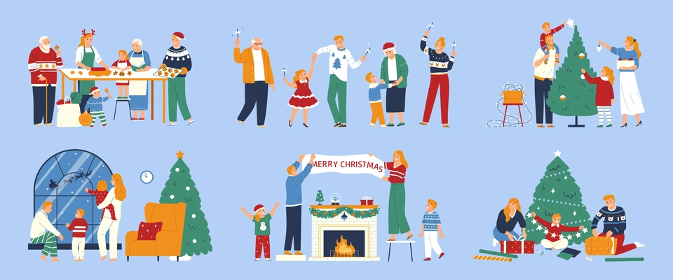 Merry christmas flat color set with festive accessories and funny people dancing and sorting gifts isolated vector illustration