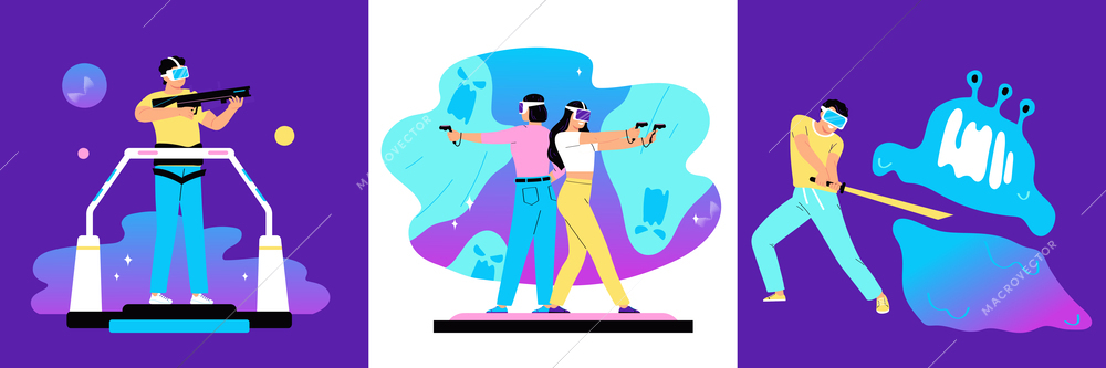 Virtual reality design concept  set of three square compositions with gamers in augmented reality glasses flat vector illustration