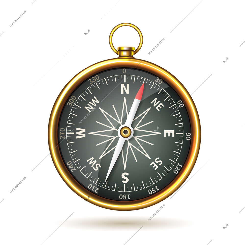 Compass realistic retro marine instrument isolated on white background vector illustration