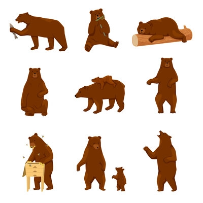 Grizzly bears flat icon set with isolated views of walking bears with cub fish and beehive vector illustration