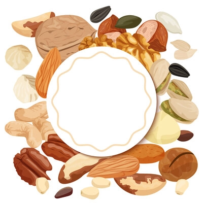 Composition with empty ornate circle frame surrounded by nuts and seeds flat set of bean icons vector illustration