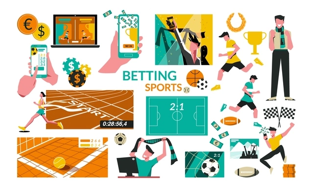 Betting sports flat set of isolated compositions with gaming coins smartphones with trophies and human characters vector illustration