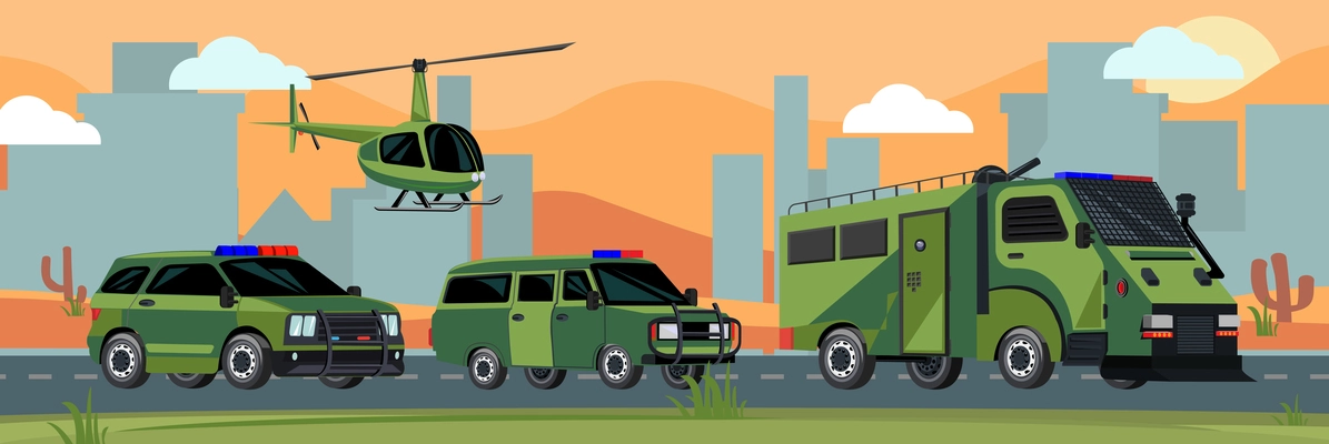 Military transport flat composition with police car armoured machine helicopter with cityscape in background vector illustration