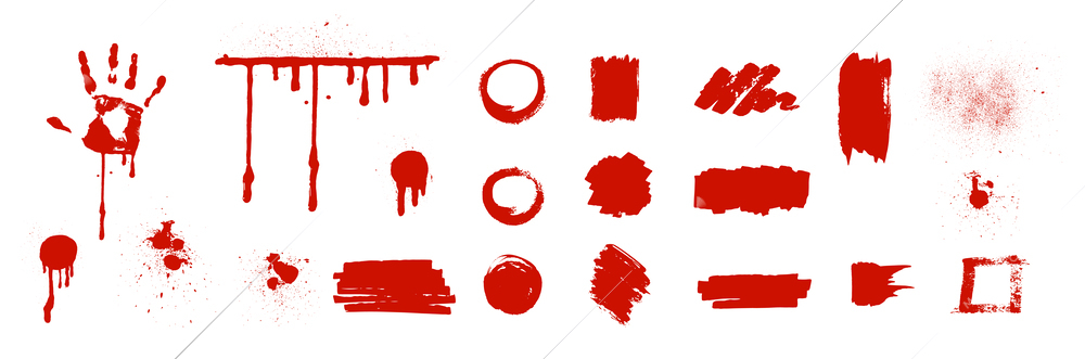 Red paint or blood blots and splatter on white background realistic set isolated vector illustration