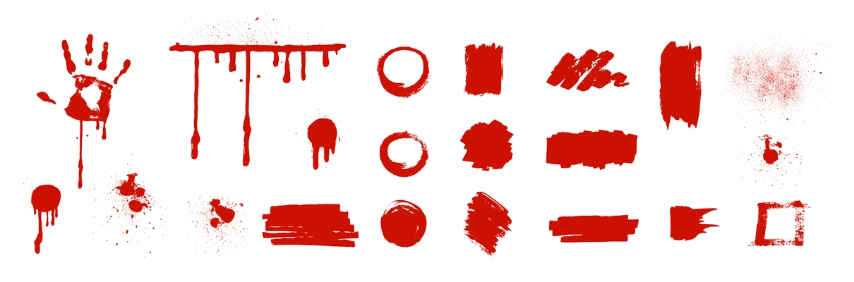 Red paint or blood blots and splatter on white background realistic set isolated vector illustration