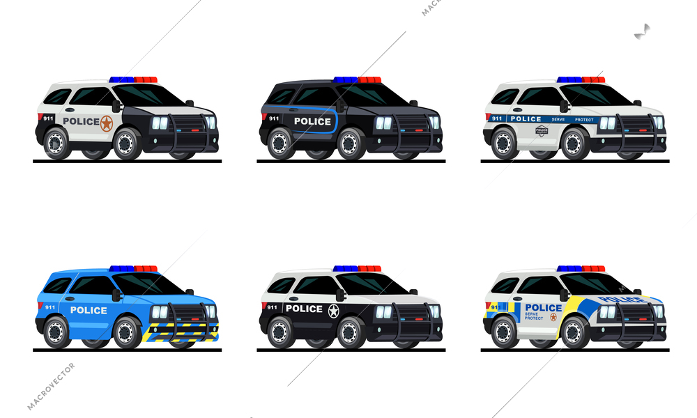 Flat set of various color police cars isolated against white background vector illustration