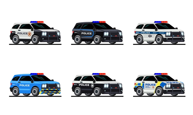 Flat set of various color police cars isolated against white background vector illustration