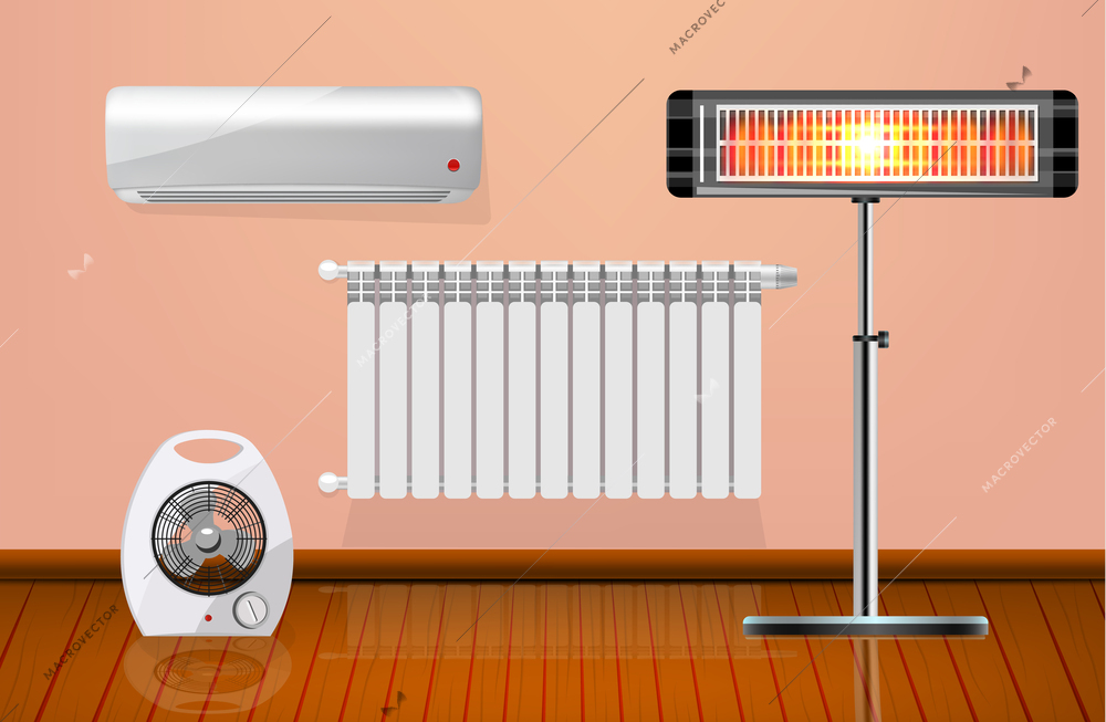 Flat heaters set with radiator electric fan conditioner and infrared heating appliance in room vector illustration