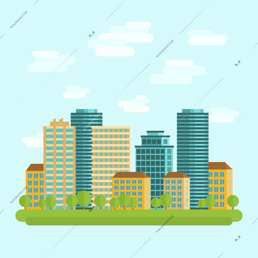 Modern city downtown green centre with tall buildings day skyline and clouds sketch abstract flat vector illustration