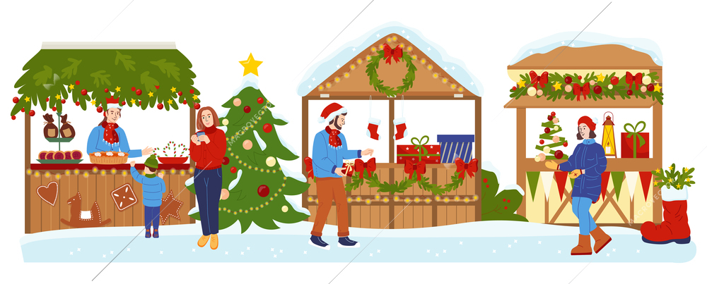 Christmas fair flat composition with horizontal view of visitors walking among three decorated stalls with goods vector illustration