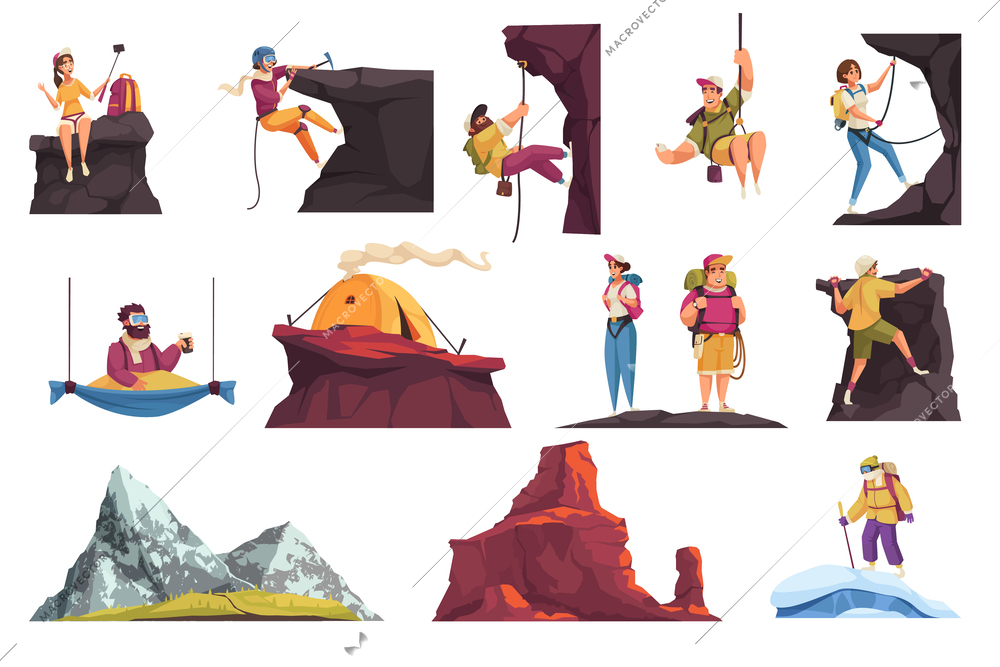 Climber alpinist mountains set of isolated icons with images of cliffs with characters of climbing people vector illustration