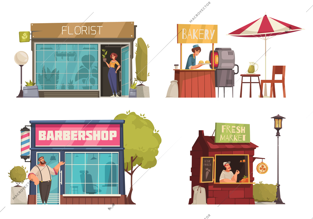 Small business 2x2 design concept set of florist barbershop bakery fresh market compositions flat vector illustration