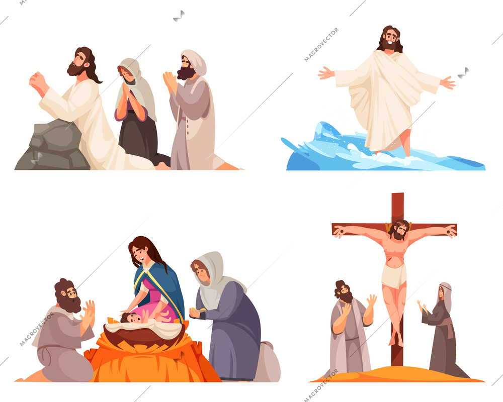 Bible scenes cartoon set with Jesus and Virgin Mary isolated vector illustration