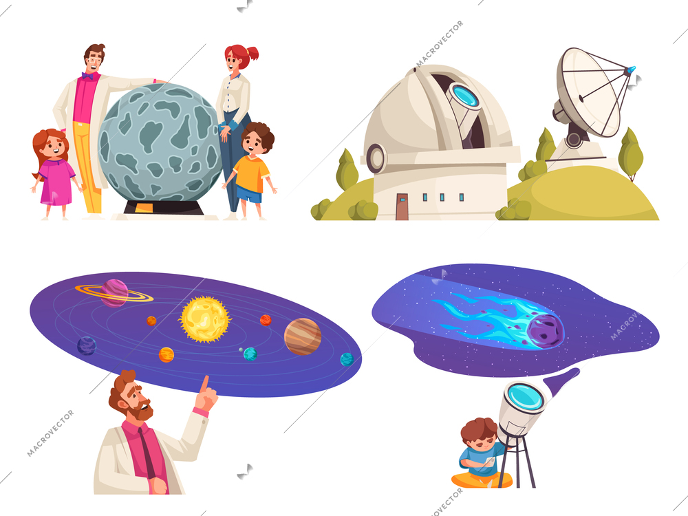 Observatory compositions set with planetarium symbols flat isolated vector ilustration