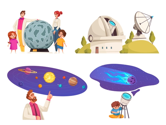 Observatory compositions set with planetarium symbols flat isolated vector ilustration