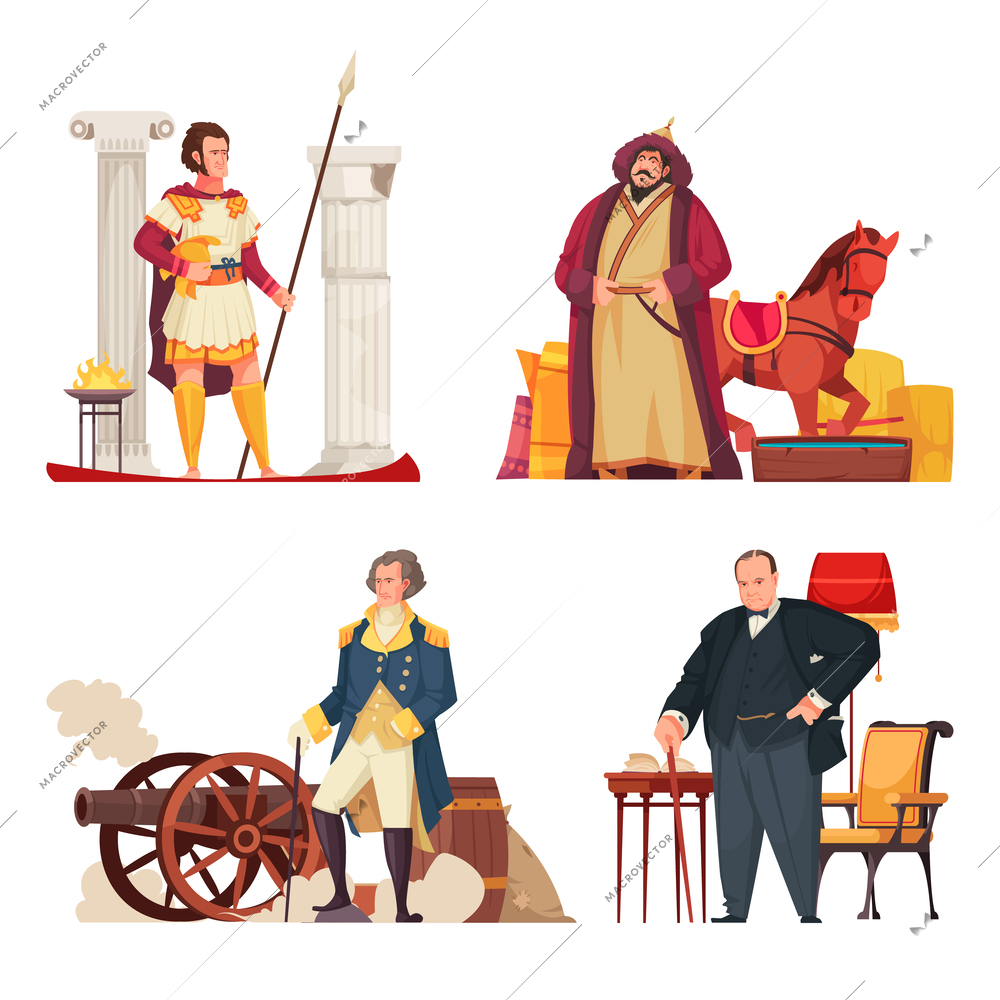 Historical people compositions set with national generals flat isolated vector ilustration