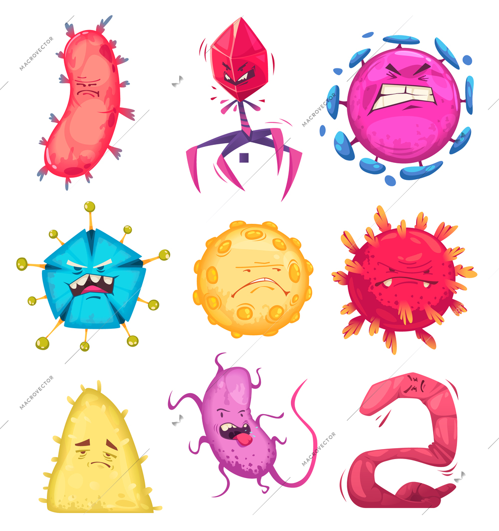 Bacteria and virus set with cute microbes symbols flat isolated vector illustration