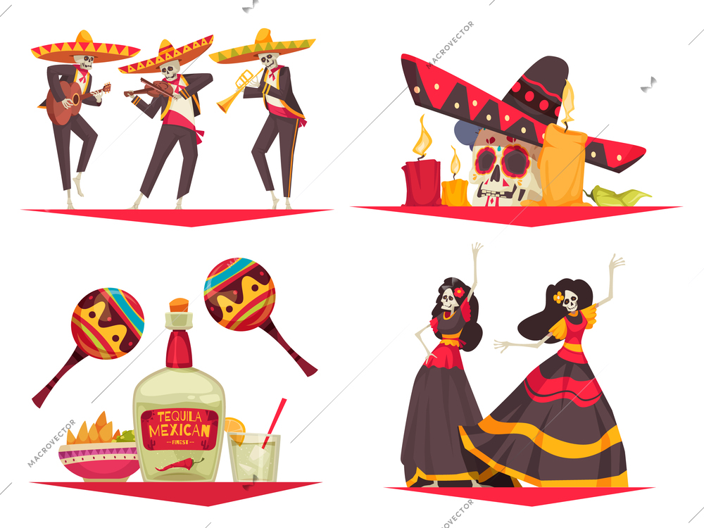 Mexico day of dead compositions set with national festival symbols flat isolated vector illustration