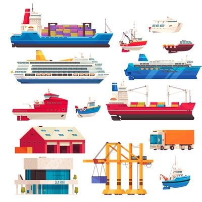 Port ships cartoon icons set with freight vessels and dock equipment isolated vector illustration