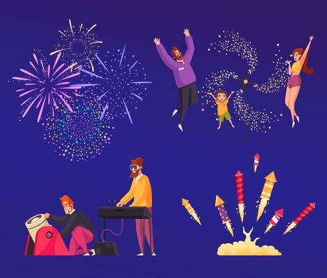 Fireworks cartoon icons set with kids and adults using pyrotechnic isolatedv vector illustration