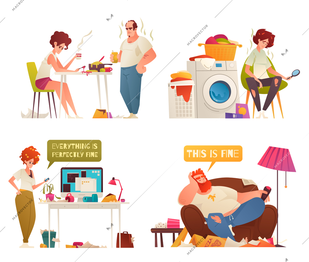 Dirty household cartoon composition set with people in messy conditions isolated vector illustration