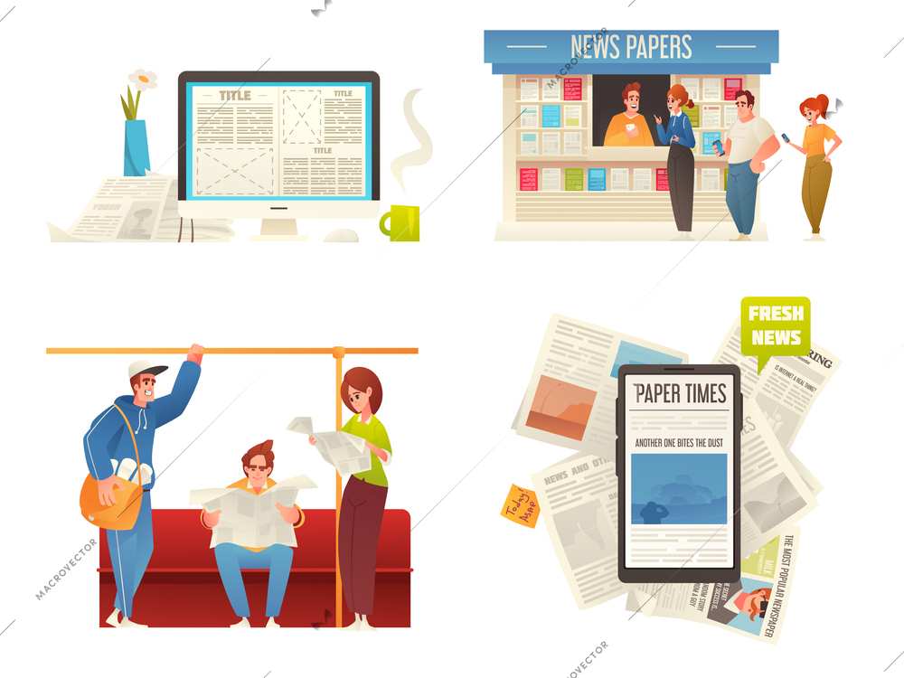 Newspaper compositions cartoon set iwht people buying and reading news from paper and web medium isolated vector illustration