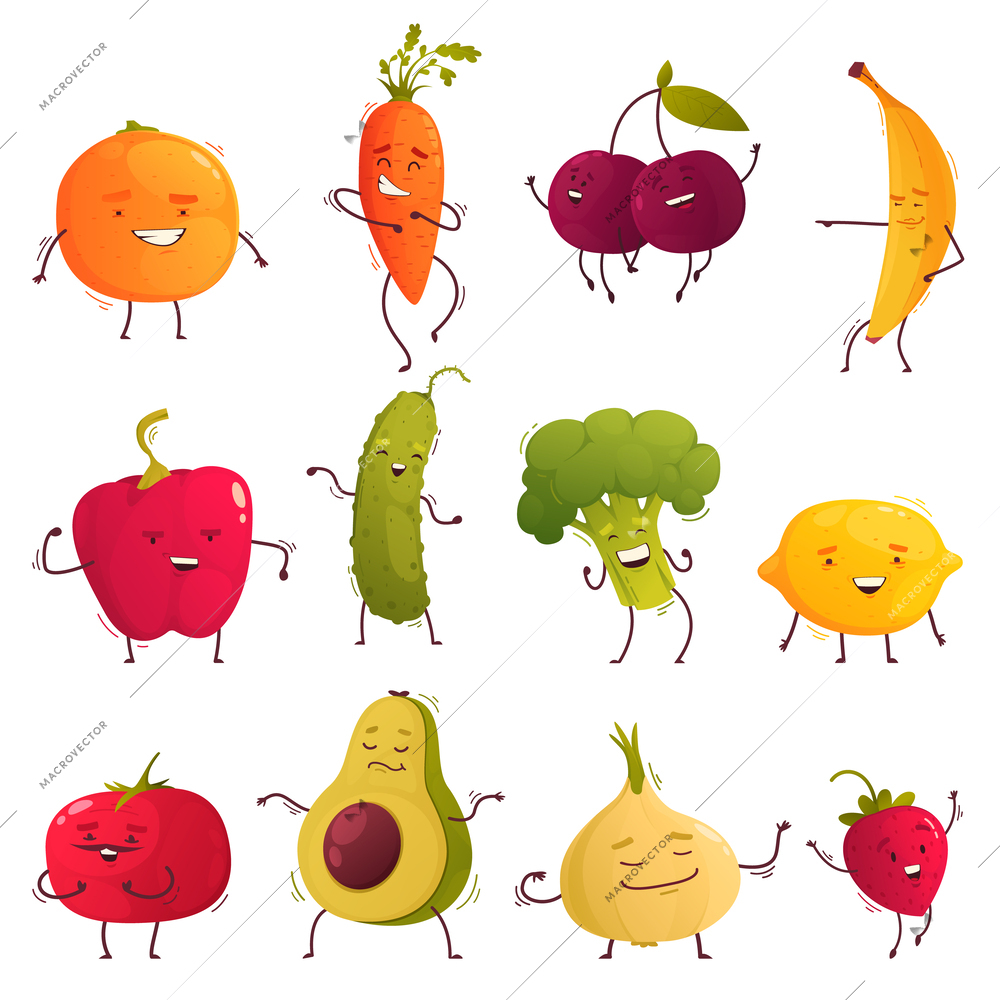 Fruit characters cartoon icons set with happy dancing orange and carrot isolated vector illustration