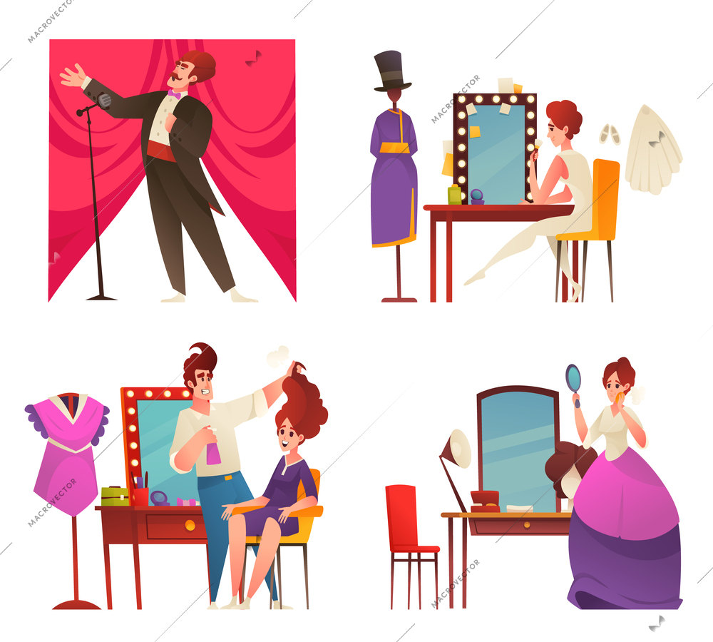 Dressing room cartoon set with artists and singers on stage and changing clothes isolated vector illustration