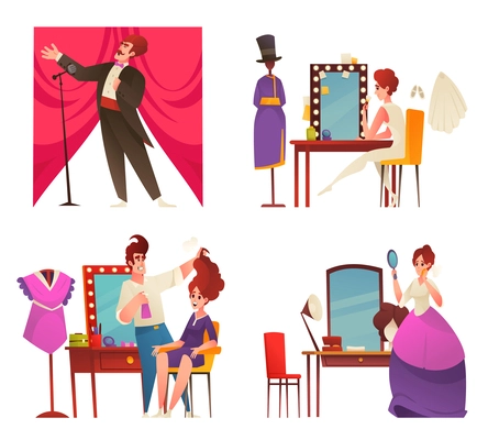 Dressing room cartoon set with artists and singers on stage and changing clothes isolated vector illustration