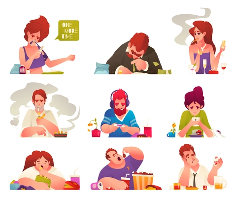 Addicted people cartoon icons set with men and women overeating smoking and drinking alcohol isolated vector illustration