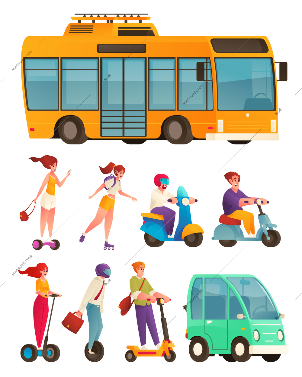 Eco transport cartoon icons set with electrobus electric car and bikes isolated vector illustration
