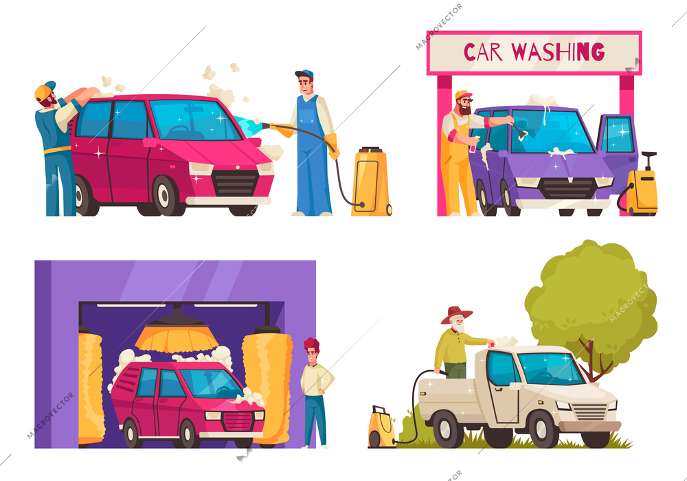 Car wash cartoon icons set with workers spraying and cleaning vehicles isolated vector illustration