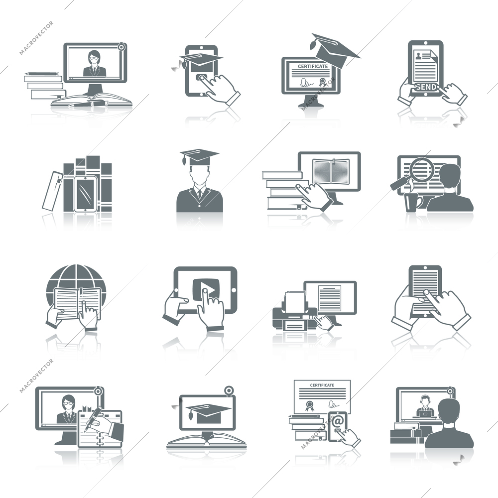 Online education icon black set with distance research digital tutorials and testing symbols isolated vector illustration