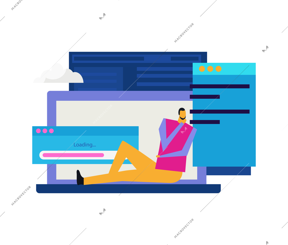 People and interfaces flat icon with human character and loading page on computer screen vector illustration