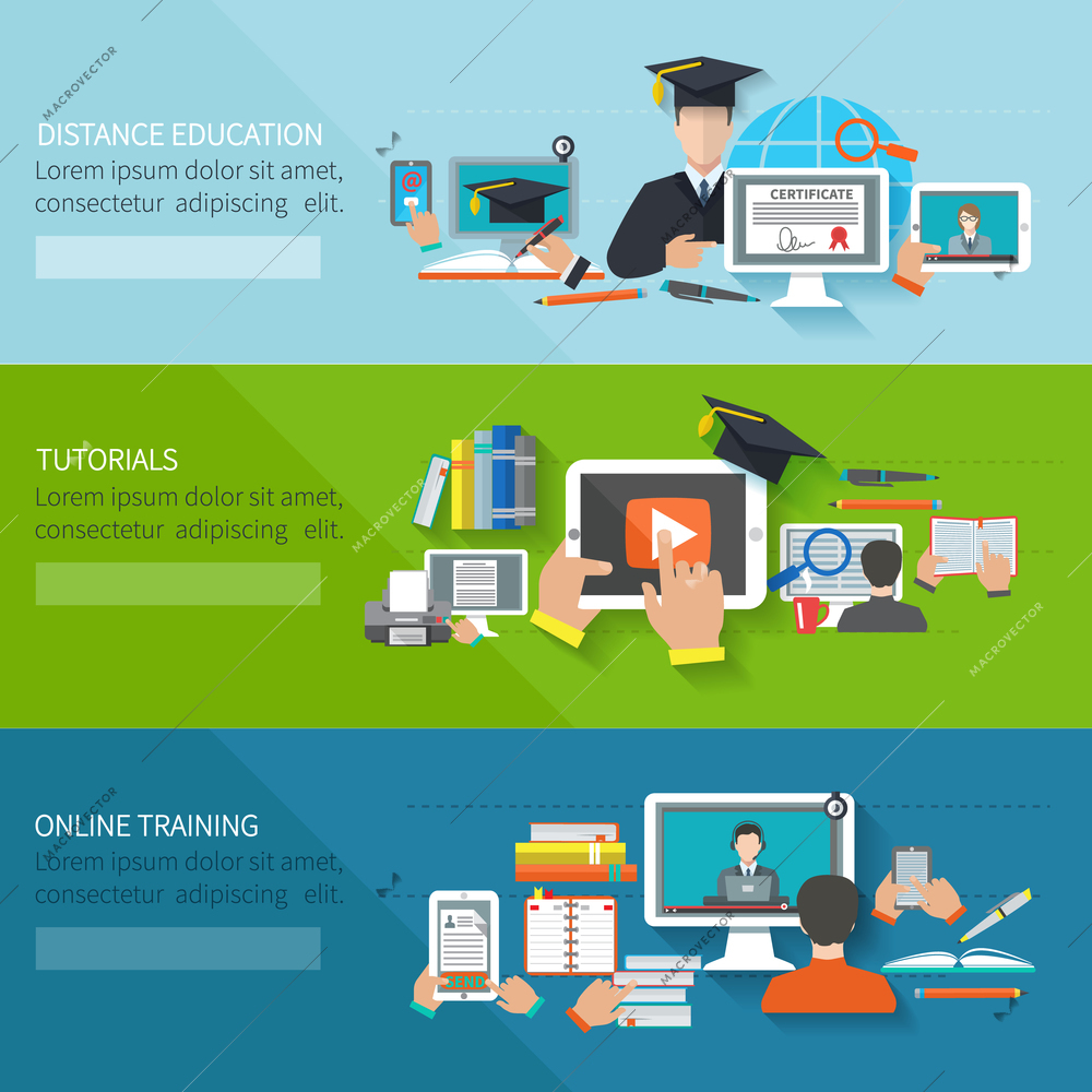 Online education flat horizontal banner set with distance tutorials and training elements isolated vector illustration
