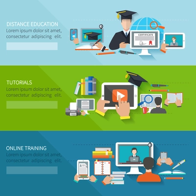 Online education flat horizontal banner set with distance tutorials and training elements isolated vector illustration