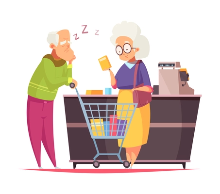 Queue people composition with doodle style human characters at store checkout vector illustration