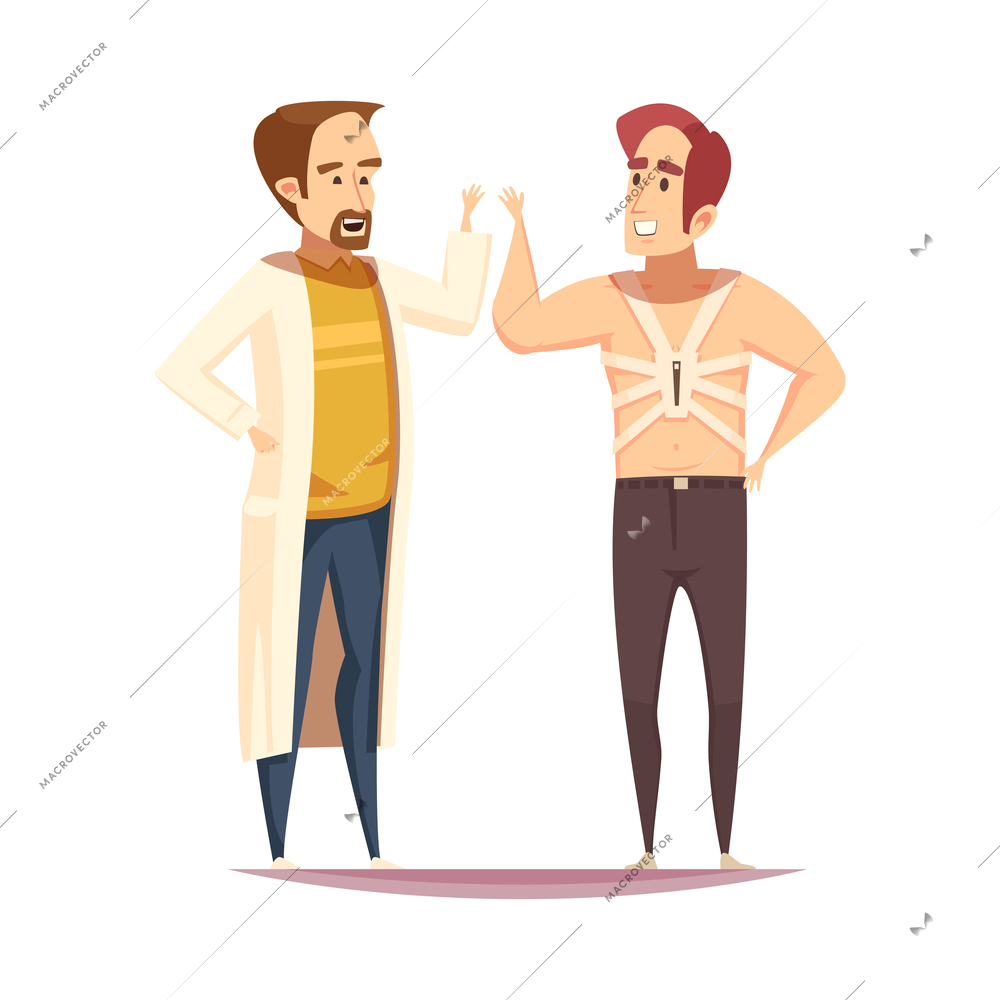 Orthopedist doctor composition with doodle style human characters of patient and medical specialist vector illustration