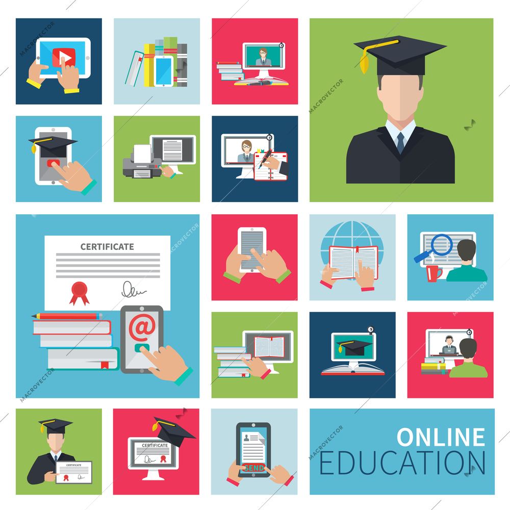 Online school and university distance education flat icons set isolated vector illustration